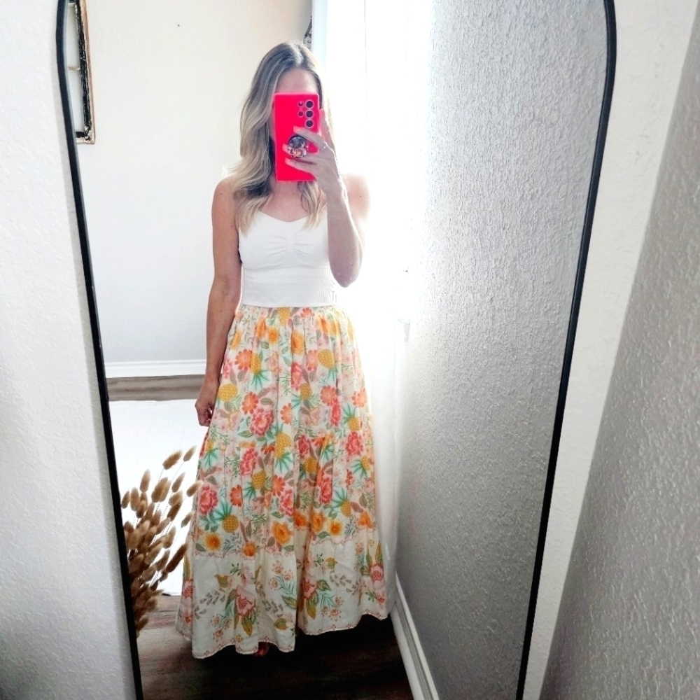 Rachel Zoe 100% Cotton Fully Lined Pull On Floral Maxi Skirt 4 Colorful Rare New